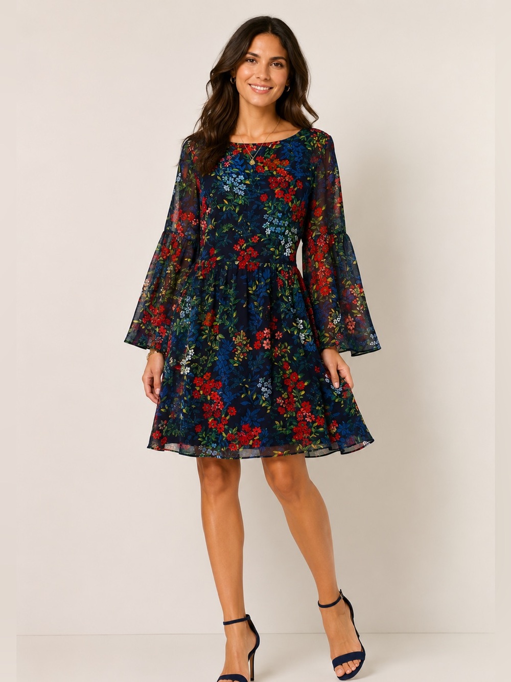 LRL Floral Red Poppy Blue Bell Sleeve Knee Length Dress Work of Art Women’s 10